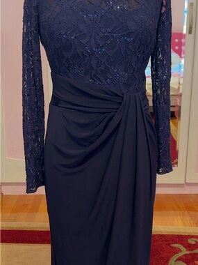 Lauren Ralph Lauren Navy Blue Long Sleeve Lace Evening Dress